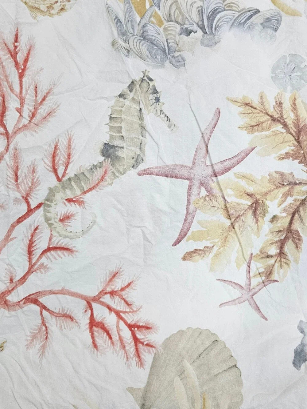 Pottery Barn Atlantic F/Q Duvet Organic Cotton Sea Life Coral Shells Coastal